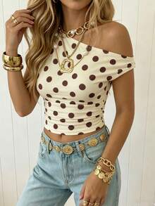 SHEIN EZwear 女士极简度假多巴胺奶油色波点印花不对称褶皱露脐上衣，适合日常通勤、约会、聚会、秋冬夏、圣诞节、新年、感恩节、派对、婚礼、海滩、毕业典礼、时尚、优雅、休闲、外出、约会、预订、通勤、闪亮、情人节、优雅、度假、休闲、Y2K、外出、毕业典礼等场合。 - 彩色 - 查看 3