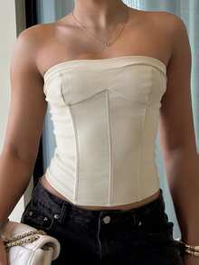 leahseptember Áo crop top thời trang bó sát màu trơn mùa hè cho nữ - Màu be - Xem 5
