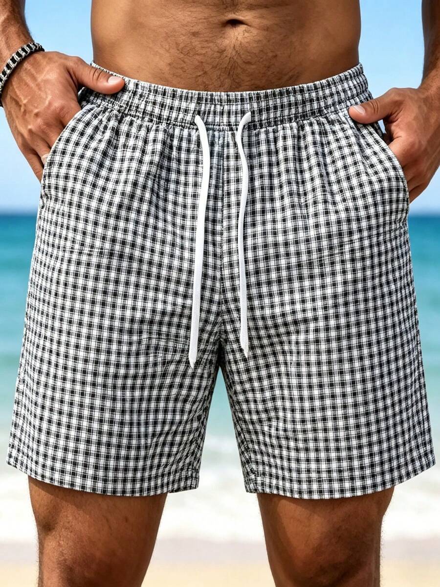 VIVINTIMO Men's Casual Drawstring Plaid Summer Versatile Sports Shorts, Holiday - Black and White - View 1