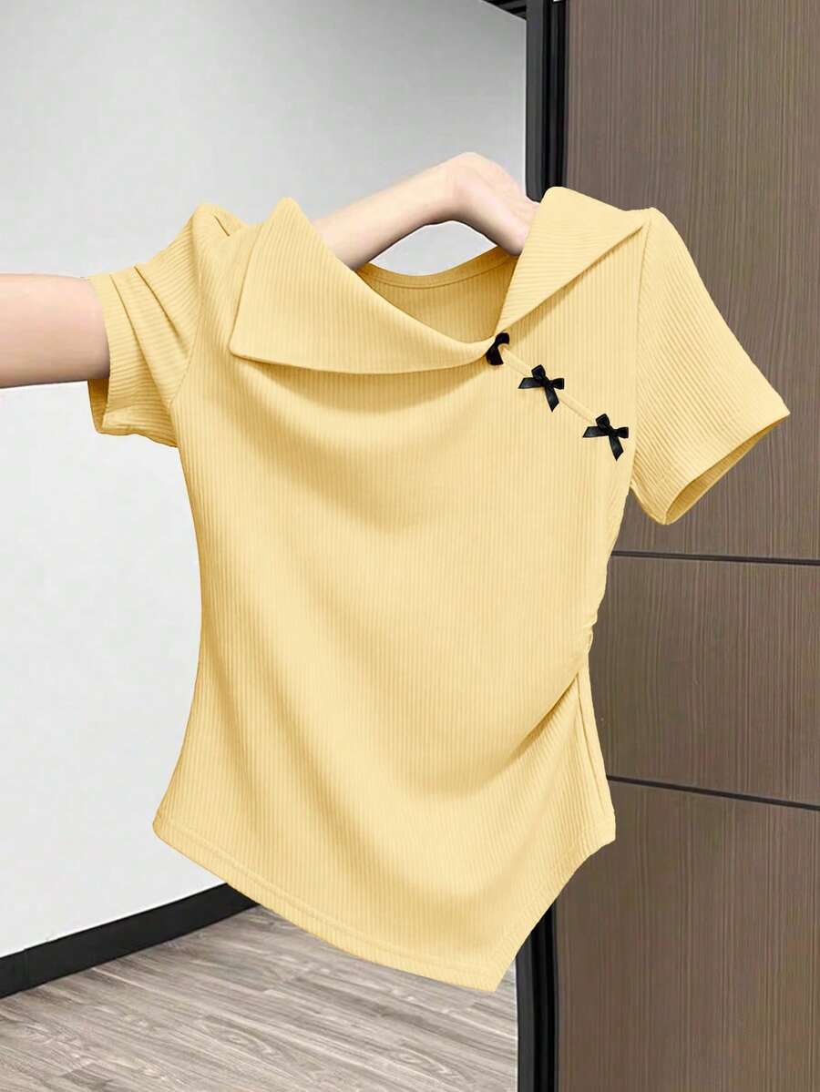 GlowEve Kaos Wanita Kasual Lengan Pendek dengan Hiasan Pita dan Bahu Asimetris, Musim Panas - Kuning muda - View 1