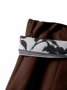 大码印花腰带优雅褶裥A字裙，适合日常通勤 - 棕色 - 查看 3