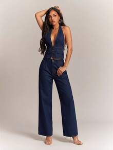 Radiana Women's Fashion Halter Backless Denim Top - Blue - View 3