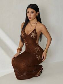 SHEIN PETITE Đầm ngắn ôm sát màu nâu/cà phê trơn dành cho nữ, chất liệu lưới móc họa tiết sao biển, thích hợp đi biển, đầm móc, đầm mùa hè, phong cách boho. - màu nâu - Xem 8