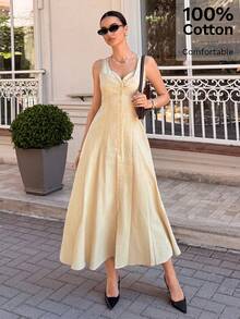 Siren Gaze Summer Elegant Pastal Dress For Women, Sleeveless V Neck Button Front Ruched Bust A-Line Maxi Dress, Holiday Brunch Golf Wedding Guest Outfits - Apricot - View 2