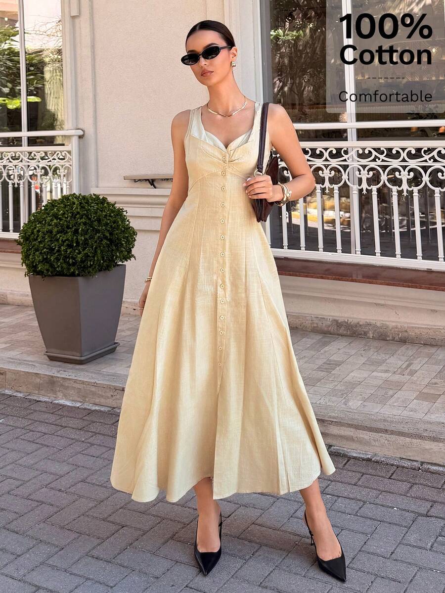 Siren Gaze Summer Elegant Pastal Dress For Women, Sleeveless V Neck Button Front Ruched Bust A-Line Maxi Dress, Holiday Brunch Golf Wedding Guest Outfits