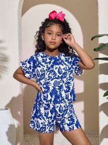 Set de 2 piezas para niñas preadolescentes: Top de manga corta con cuello redondo y shorts con volantes en el bajo, ideal para vacaciones y playa - Azul y blanco - Ver 3