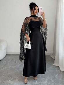 Elenzga Elegant Black Fall Winter Lace Patchwork Halter A-Line Maxi Dress,Ruffle Hem Front Fish Bone Line Divider Long Trailing,Party Holiday Dress - Black - View 3