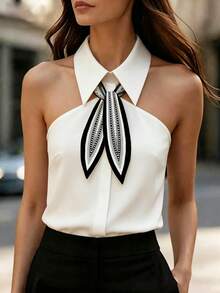 Ellegaria. 女士优雅休闲印花蝴蝶结无袖衬衫，白色上衣，舞会礼服，春夏上衣，沙滩装，优雅派对上衣，休闲上衣，婚礼宾客上衣，女士奢华晚礼服，女士度假装，女士毕业典礼上衣，女士生日上衣，夏季假日装，女士办公室通勤装 - 白色 - 查看 1