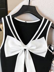 SHEIN Franclia 大码女式时尚优雅撞色蝴蝶结吊带背心 - 黑與白 - 查看 4