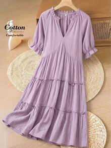 Linhara 褶边装饰宽松褶裥短袖连衣裙 - 淡紫色 - 查看 1