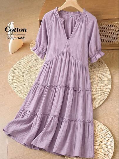 Linhara 褶边装饰宽松褶裥短袖连衣裙