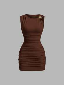 SHEIN Sweetro Bộ đồ 2 mảnh thời trang Âu Mỹ dành cho nữ, váy ngắn ôm sát bất đối xứng, trang trí kim loại, đa năng, thích hợp cho công sở. - Nhiều màu - Xem 4