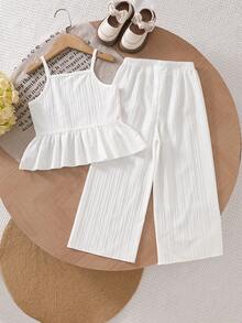Elladie kids 2件套女童休闲度假3D立体花卉钩编蕾丝边吊带背心+松紧腰宽松阔腿裤套装，夏季度假优雅可爱通勤装 - 白色 - 查看 2