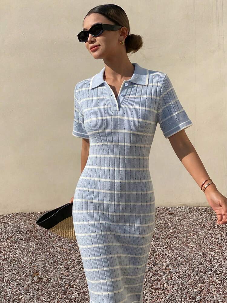Women's Elegant Turndown Collar Colorblock Striped Knit Dress, Summer