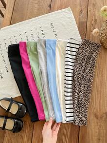 SHEIN Babygirl Casual Versatile Knit Elastic Waist Striped & Leopard Print Pants (Sold Separately From Top) - Multicolor - View 2
