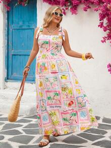 Vivid Eden 大码全印花休闲度假无袖连衣裙 - 粉色 - 查看 7