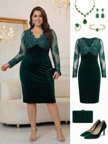 SHEIN Clasi Plus Size Elegant Party Mesh Embroidered Velvet Patchwork Fitted Dress, Suitable For Gatherings Winter Clothes Women Christmas Fall Fashion 2026 - Dark Green - View 4