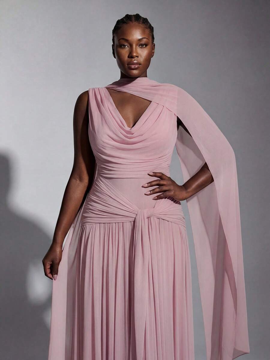 Elitara Elegant Formal Evening Party Light Pink Spring Wedding Bridesmaid Dresses For Women,High-Stretch Knit Mesh Plunging Neckline Twist Ruffle Dress