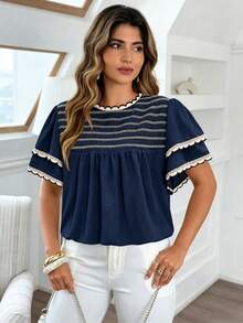 Vionelle Plus Size Elegant Bohemian Style Double-Layer Ruffle Trim Patchwork Casual Blouse - Navy Blue - View 4