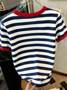 Resyla Women's Casual Striped Floral Print Round Neck Short Sleeve T-Shirt, Versatile Daily Wear - Multicolor - View 2