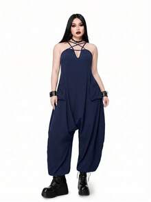 Whyspr Bộ áo liền quần đen phong cách punk thường ngày dành cho nữ cỡ lớn - Màu xanh hải quân - Xem 3