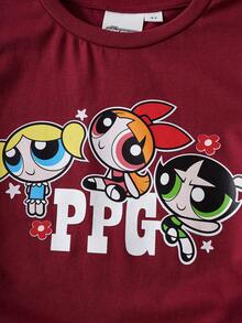 THE POWERPUFF GIRLS X SHEIN 女童可爱卡通印花收腰短袖T恤，夏季 - 酒紅色 - 查看 4