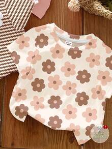 SHEIN LMoss Kids 3件套女婴可爱花卉系列奶油白、棕色条纹、粉色基础款圆领短袖T恤，休闲百搭，适合日常穿着、居家、度假、假日穿着，轻松舒适，可叠穿，时尚百搭，花卉图案，秋冬时尚，新款 - 彩色 - 查看 3