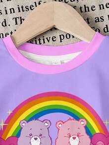 SHEIN X Care Bears Bộ đồ thường ngày cho bé gái gồm áo thun ngắn tay cổ tròn in chữ và hình gấu, kết hợp với quần short. - trắng - Xem 5