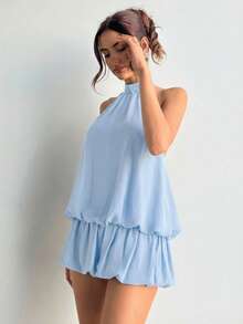 Aloruh Đầm ngắn cổ yếm xếp ly màu trơn dành cho nữ, thời trang cho các buổi hẹn hò. - Màu xanh nhạt - Xem 6