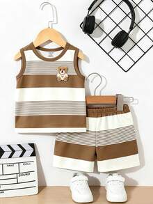 Souflis Souflis 2pcs/Set Baby Boy Casual Cute Blue And White Striped Bear Print Vest Top And Shorts Set, Suitable For Outdoor Wear In Summer Beach - Multicolor - View 5