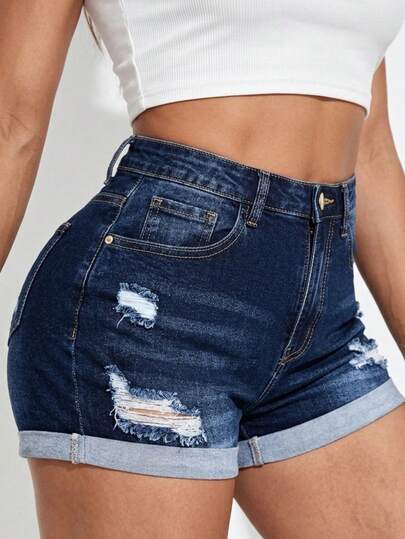 Pantalones cortos de mezclilla con dobladillo deshilachado y enrollable, Shorts informal, Pantalones cortos vaqueros informales y versátiles para mujer, Jeans