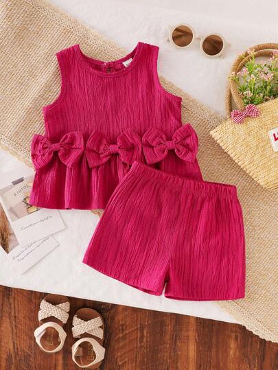 Conjunto de top sin mangas con decoración de lazo y volantes en el bajo, y shorts para niñas pequeñas, color fucsia, conjunto de moda casual de verano