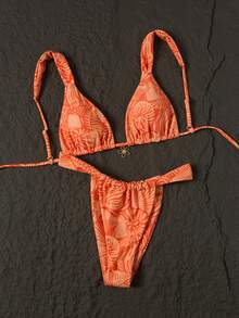 Swim Mod Women's Orange Floral Print Thick Strap Triangle Cup Bikini Two Pieces Swimwear, Beach Vacation - Orange - View 1