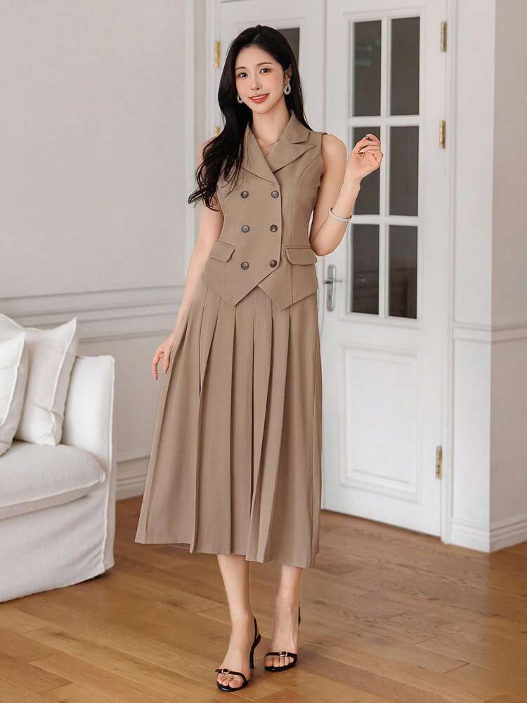 Women's Casual Blazer Collar Faux Pocket Pleated Skirt 2 Pieces Set, Spring/Summer