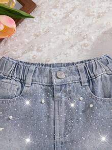 SHEIN Explorewe Young Girls Denim Shorts Summer New Y2K Style Light Blue Washed Denim With Pearl And Rhinestone Decoration Loose Straight Fit Soft Comfortable Cotton Denim Fabric Daily Casual Wear For Summer Vacation Music Festival School Party Summer Outfits - Light Wash - View 4