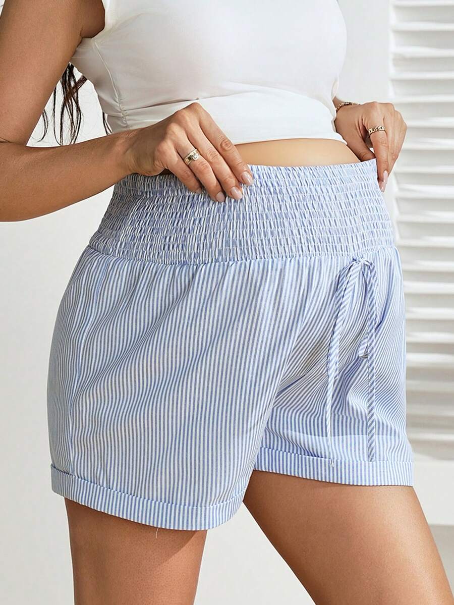 SHEIN 孕妇夏季休闲条纹短裤 - 藍白色 - 查看 1