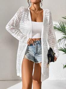 SHEIN Swim 女士纯色休闲度假沙滩和服罩衫 - 杏色 - 查看 3