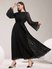Modelyn Women Elegant Ruffle Trim Flare Sleeve Long Dress - Black - View 5