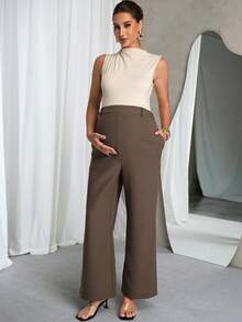 MaterniChic Maternity Casual Everyday Workwear Solid Color Loose Fit Wide Leg Pants With Side Pockets Spring - Brown - View 7