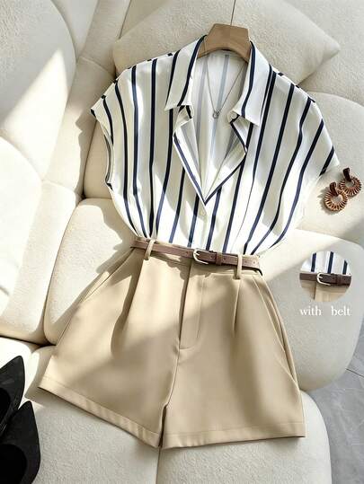 Franclia Set de 2 piezas: Blusa de manga corta y murciélago casual y versátil para uso diario, y shorts para mujer. Conjunto elegante de 2 piezas para primavera/verano