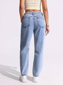 Jeanoix Quần jeans nữ ống côn, in chữ, rách nhẹ, túi xéo, kiểu dáng thường ngày. - Màu xanh lam - Xem 2