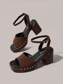 Styleloop Giày sandal nữ mũi vuông đế da PU đính hạt tròn vàng, chất liệu nhung, thời trang, đơn giản, thoáng khí và thoải mái, có khóa cài, thích hợp cho các bữa tiệc và liên hoan hàng ngày, kiểu dáng bohemian, mang đến không khí nghỉ dưỡng, là món đồ không thể thiếu cho những chuyến du lịch mùa hè. - màu nâu - Xem 6
