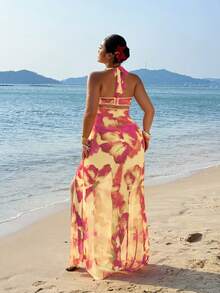 Sunnyshic Vestido largo con estampado floral tropical, sin tirantes y sin espalda, de malla, para resort de playa, talla grande - Amarillo - Ver 2