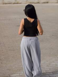 AfricaSnchz 女士秋冬街头服饰 返校风 学院风 休闲 保暖舒适 法式灰色 弹性腰带 弧形下摆 裤子 - 淺灰色 - 查看 2