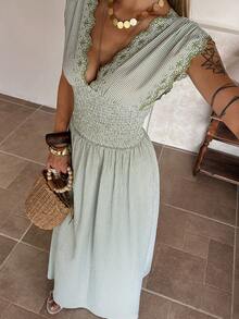 DAZY 女士度假风束腰纹理面料棉质刺绣长款沙滩连衣裙，春夏款 - 灰藍色 - 查看 2