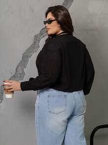 Plus Size V-Neck Solid Color Cut-Off Lace-Up Long Sleeve T-Shirt, Spring/Summer,Fall Clothes - Black - View 2