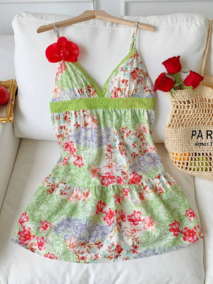 Comfortcana Women's Summer Beach Vacation Floral Contrast Lace Slip Dress Summer Dress Floral Dress Vacation Dress Campus Style Dress  Summer Outfits   Festival Outfit Women  Mother's Day   Beach Graduation Elegant Casual Vacation Outfits For Women  Country Ruffle  Floral Dresses For Women Green And Pink Flower - Multicolor - View 1