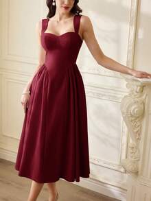 Vintamour 大码复古优雅女士连衣裙，带口袋，抹胸式设计，褶皱休闲假日派对连衣裙 - 酒紅色 - 查看 6