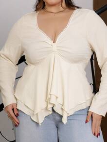 Bibi Tomais Áo thun babydoll dài tay cổ tim bèo nhún gợi cảm dành cho nữ cỡ lớn, thích hợp cho ngày Valentine. - Màu be - Xem 5