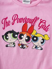 THE POWERPUFF GIRLS X SHEIN 女童卡通印花圆领T恤 - 粉色 - 查看 4